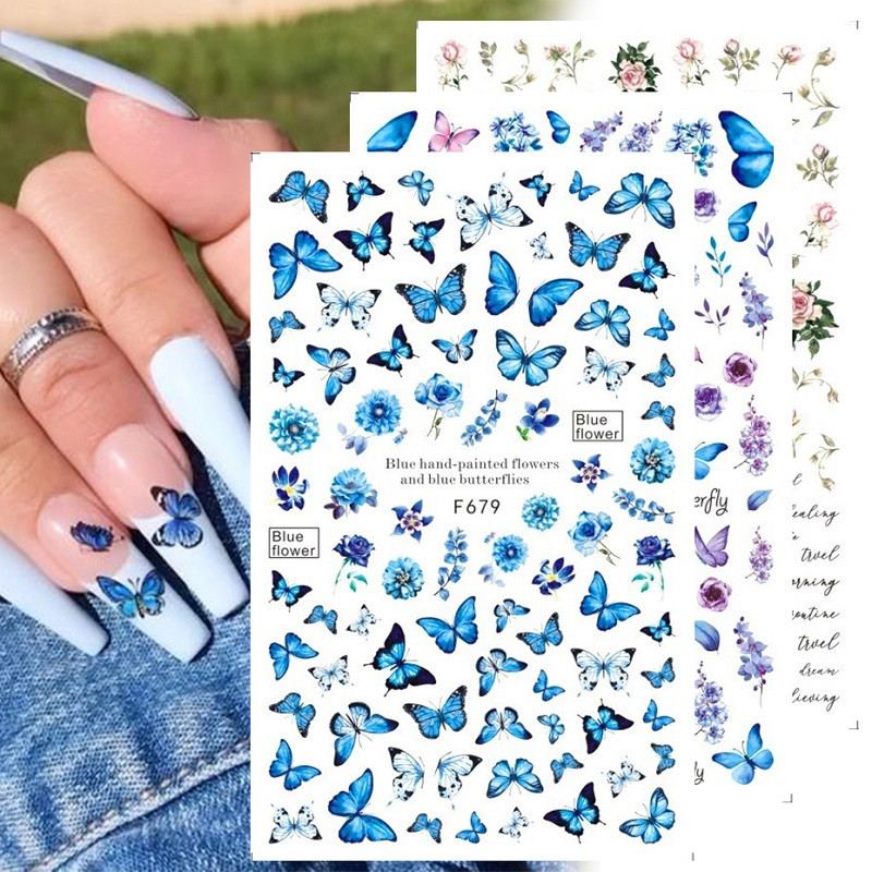 Holographic Blue Butterflies and Flowers nail stickers