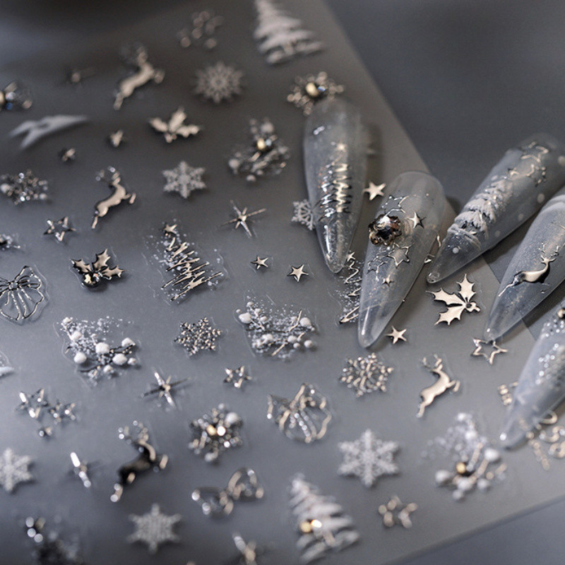 5D Shimmery Embossed Christmas Nail Art Stickers with Rhinestones