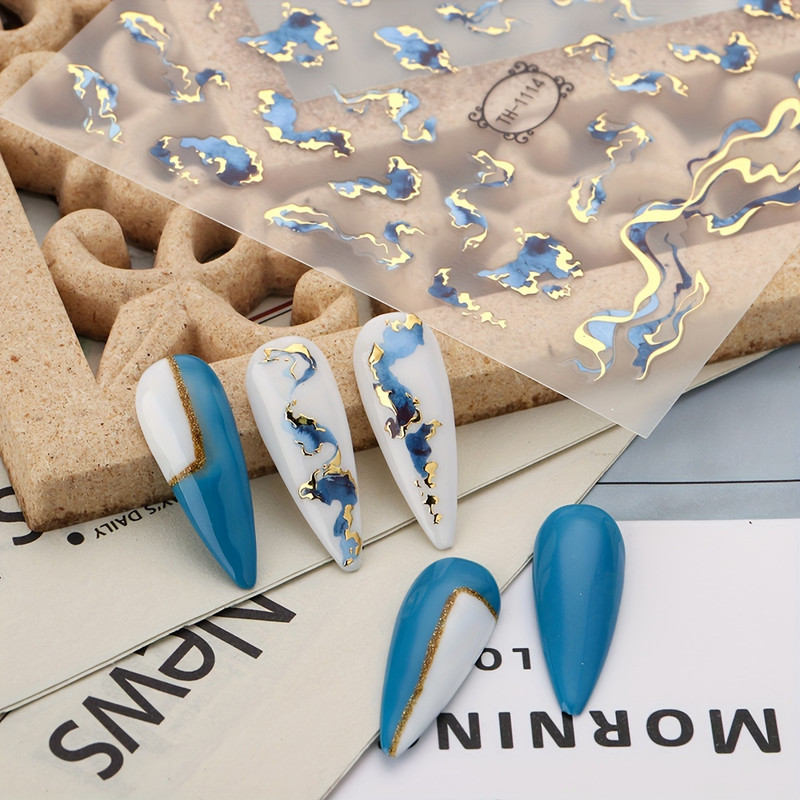 Blue Ombre Golden Foil Nail Art Stickers & Decals