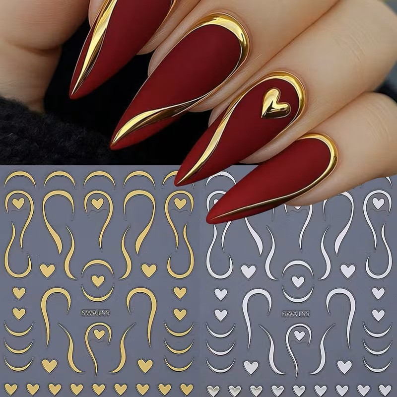 2pcs Heart Nail Stickers – Silver & Gold Line Nail Art Decals
