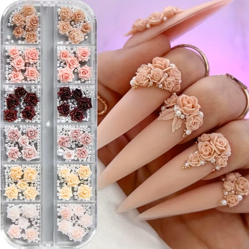 12-Grid Box 3D Rose Nail Art Decorations