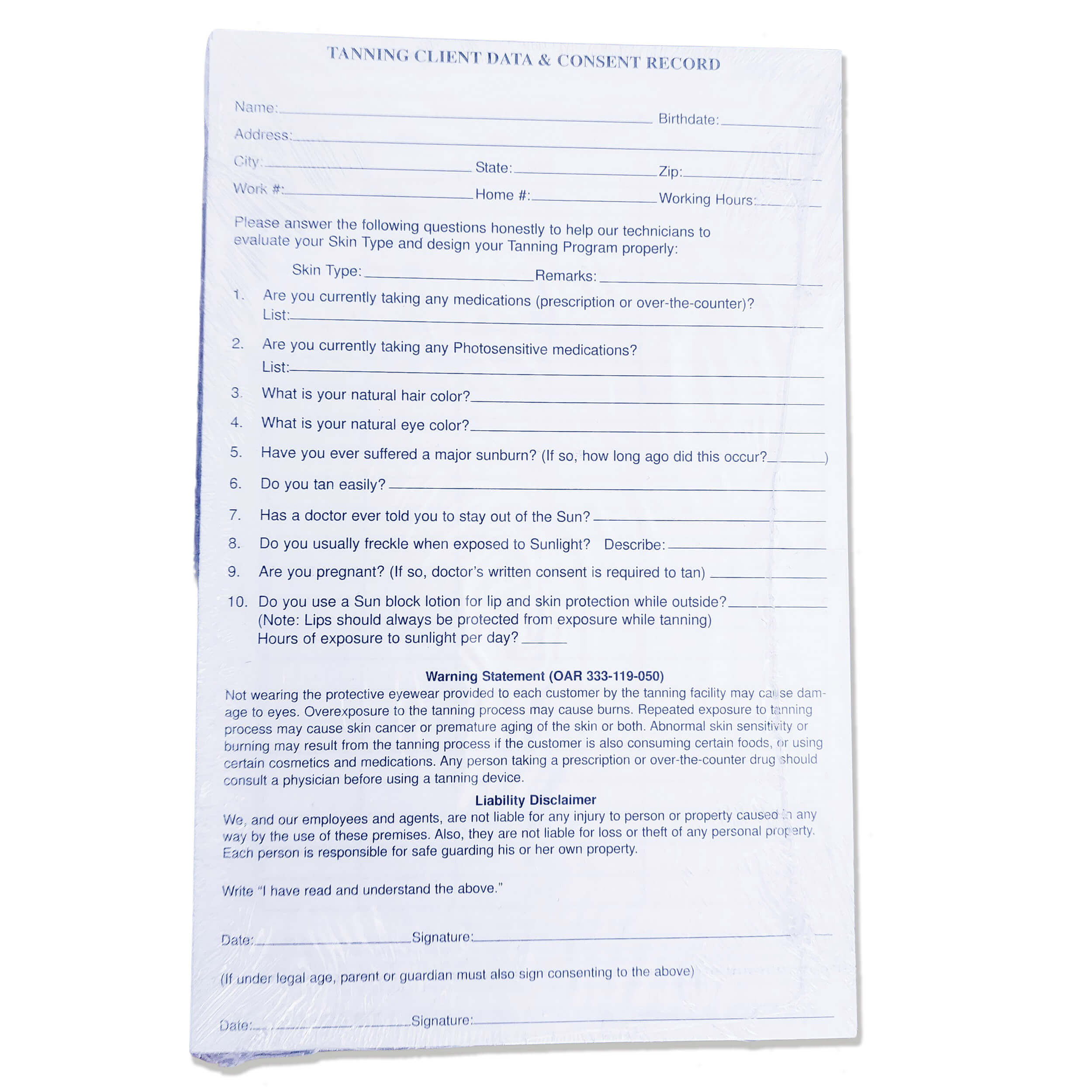 Tanning Salon Client Cards 50 Pack