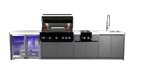 Whistler 5-Burner 141 x 28-Inch Gas Grill Island with Infrared Rear Burner, Refrigerator, Sink, Double Side Burner, and Rotisserie Kit - Black Stainless