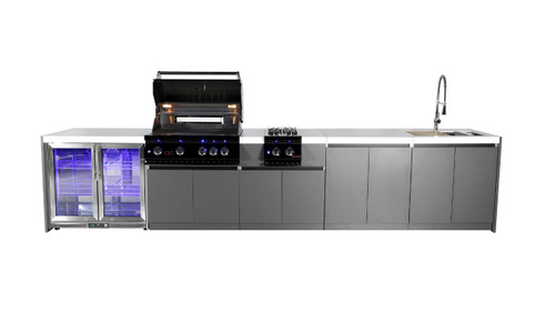 Whistler 4-Burner 164 x 28-Inch Gas Grill Island with Infrared Rear Burner, Refrigerator, Sink, Double Side Burner, and Rotisserie Kit - Black Stainless