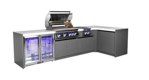 Whistler 4-Burner 132 x 61-Inch Gas Grill Island with 90-Degree Corner, Infrared Rear Burner, Refrigerator, Double Side Burner, and Rotisserie Kit