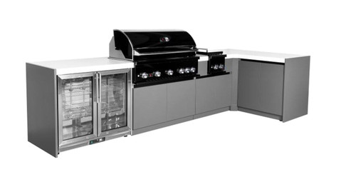 Whistler 5-Burner 140 x 61-Inch Gas Grill Island with 90-Degree Corner, Infrared Rear Burner, Refrigerator, Double Side Burner, and Rotisserie Kit - Black Stainless