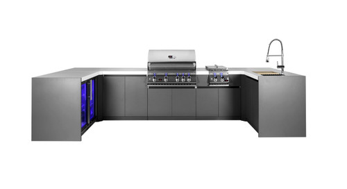 Whistler 4-Burner 155 x 67-Inch Gas Grill Island with Two 90-Degree Corners, Infrared Rear Burner, Refrigerator, Sink, Double Side Burner, and Rotisserie Kit