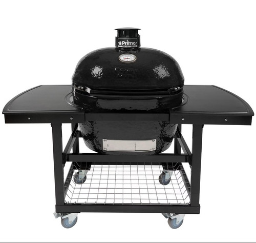 Primo Oval XL 400 Ceramic Kamado Grill On Steel Cart With 2-Piece Island Side Shelves And Stainless Steel Grates - PGCXLH (2021)