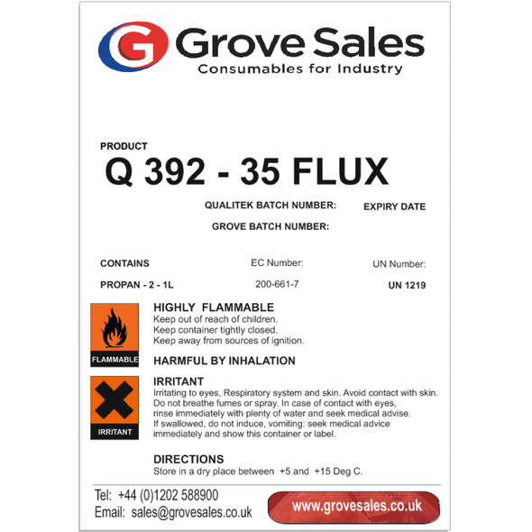 Qualitek 392-35 No Clean LEAD FREE Flux 1Litre safety sheet