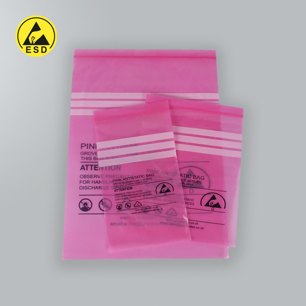 Electrostatic Dissipative Pink Bags (Zip Top) (100/Pack) ESD (G-SPZB)