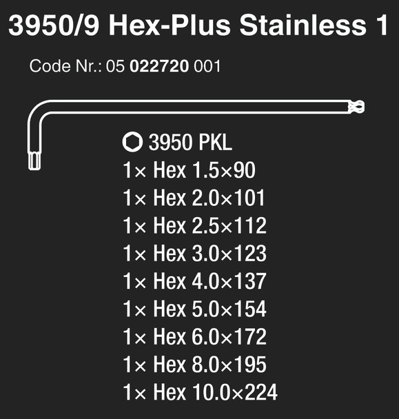 Wera 3950/9 Hex-Plus Stainless 1 L-key set - Sizing Chart