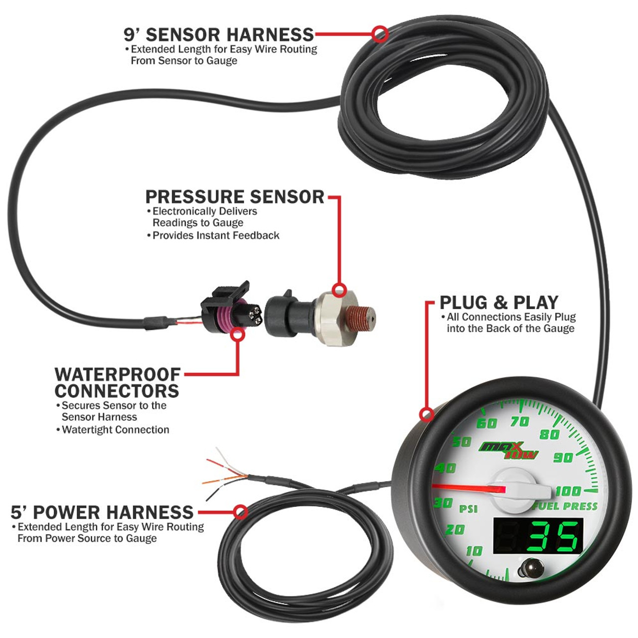 GlowShift  MaxTow White & Green Double Vision™ 100 PSI Fuel Pressure Gauge