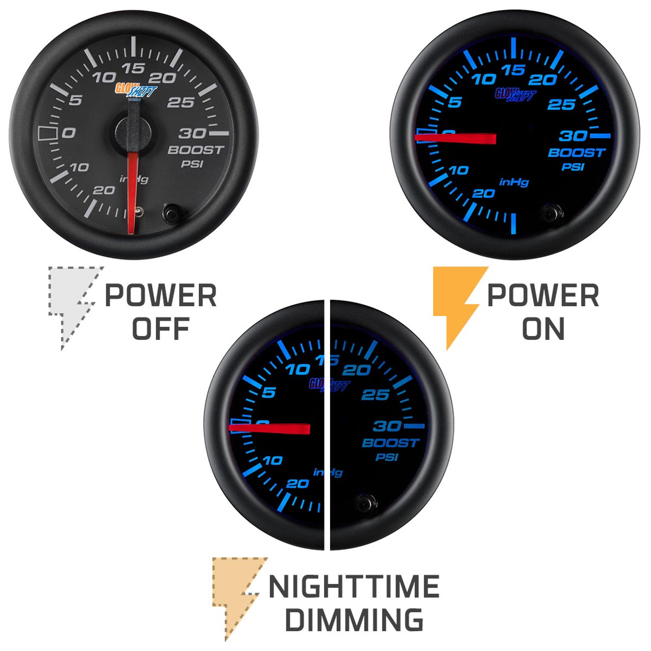 GlowShift Black Color 30 PSI Boost/Vacuum Gauge