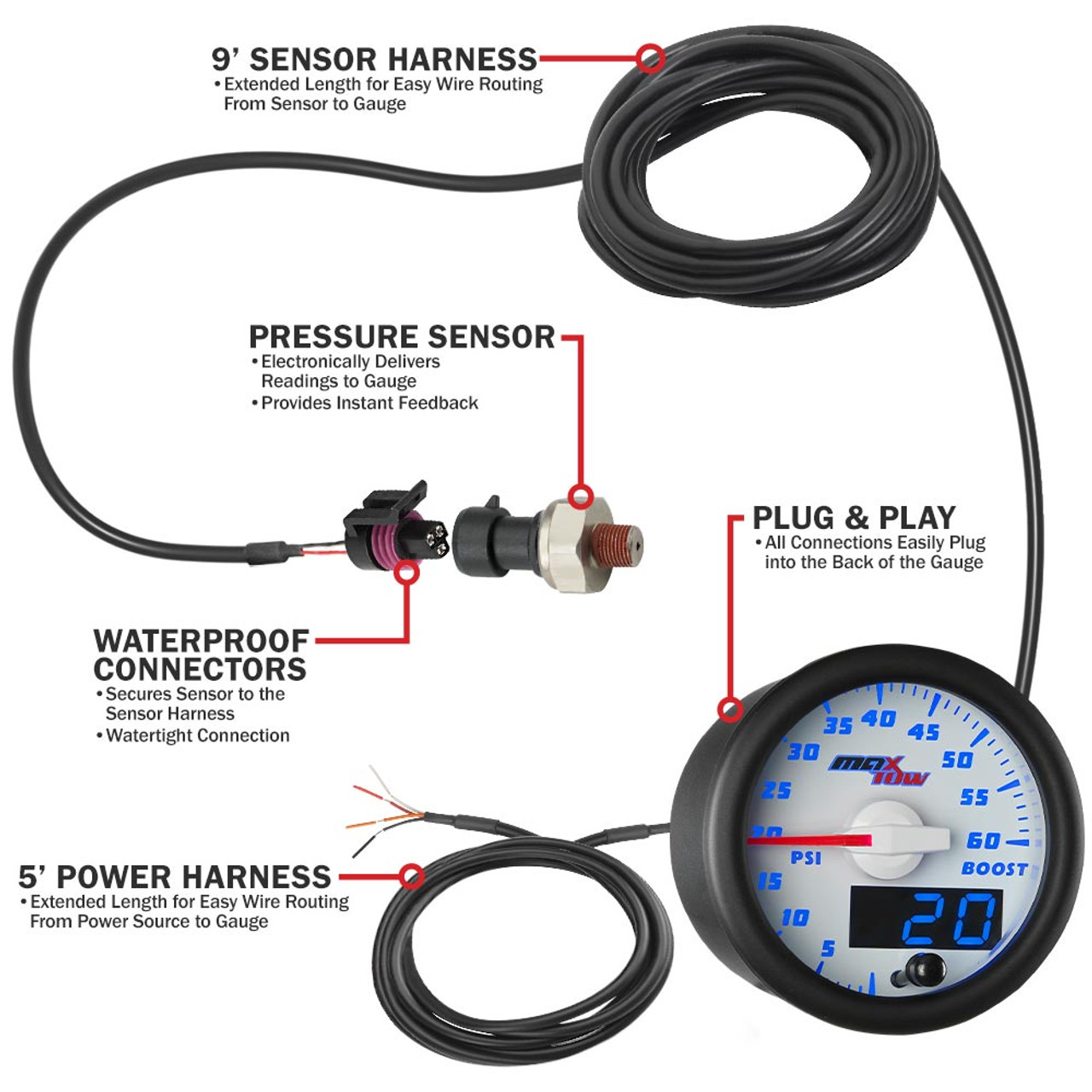 GlowShift MaxTow White  Blue Double Vision™ 60 PSI Truck Boost Gauge