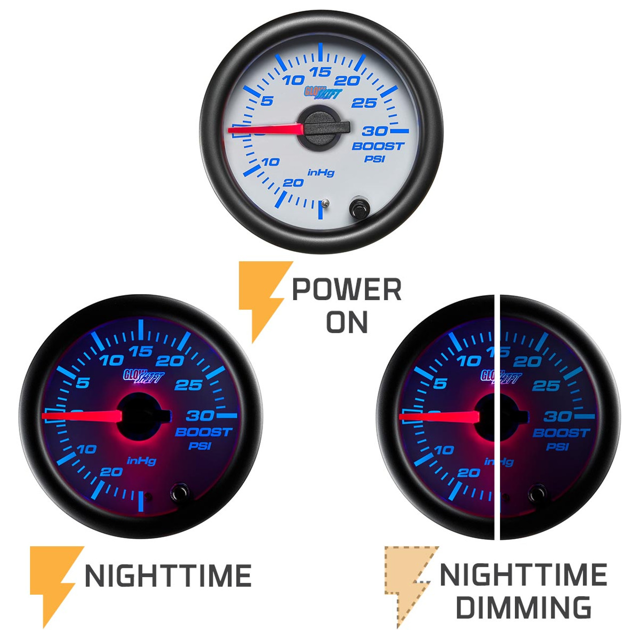 GlowShift 10 Color Digital 30 PSI Boost/Vacuum Gauge Kit