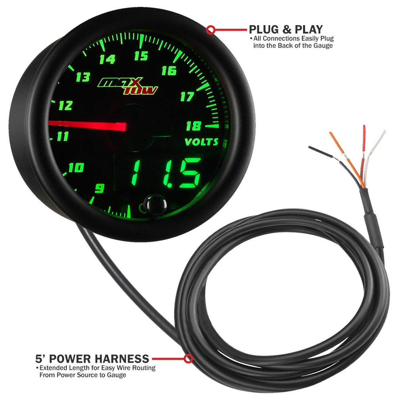 GlowShift | MaxTow Black & Green Double Vision™ Truck Voltmeter