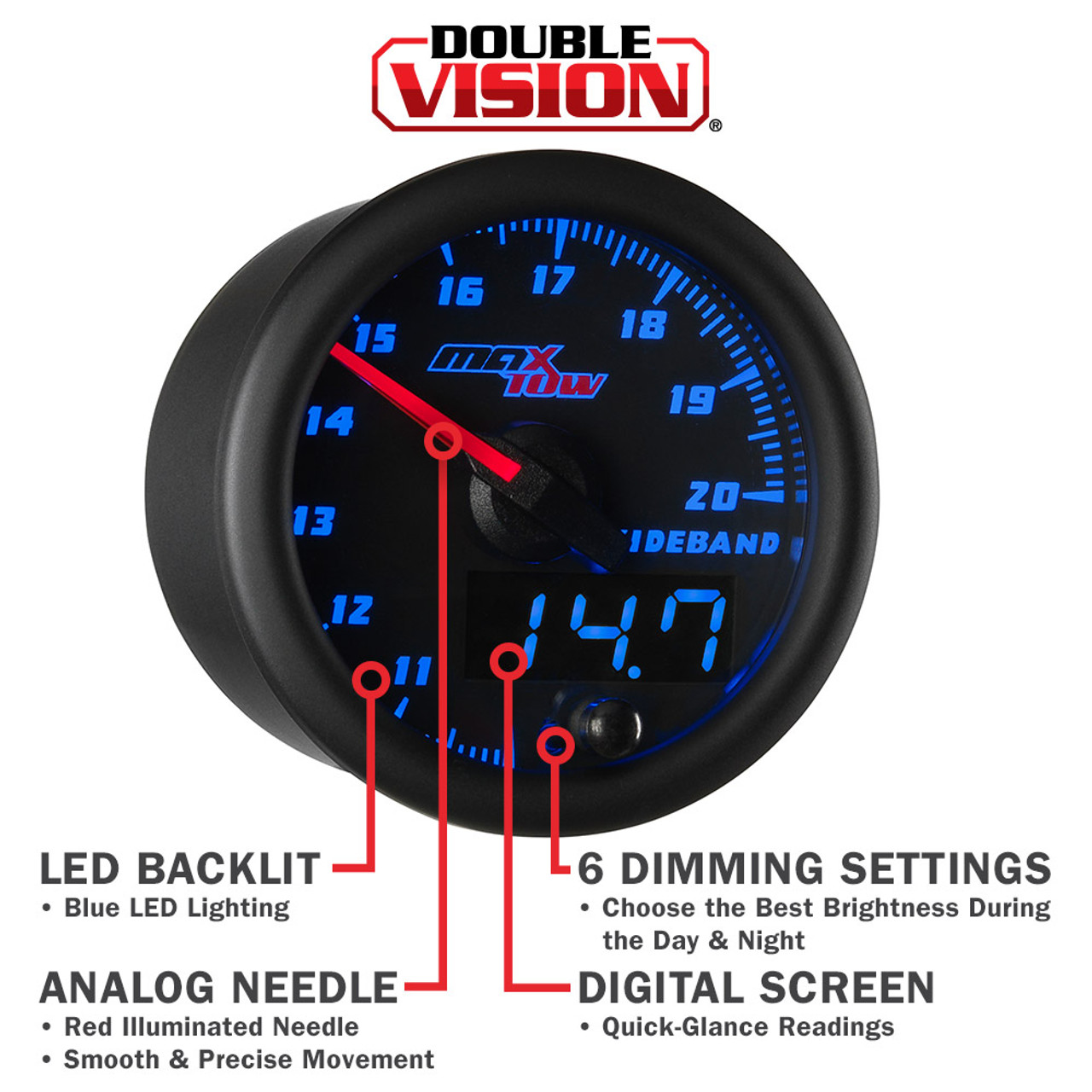 GlowShift | MaxTow Black & Blue Double Vision™ Truck Wideband Gauge