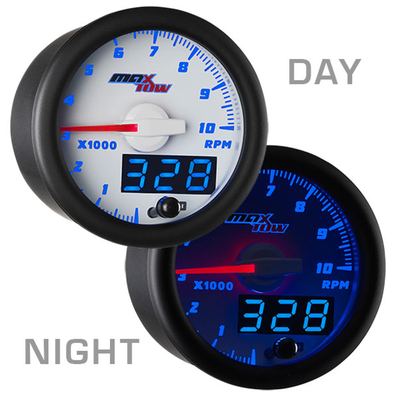 GlowShift MaxTow White  Blue Double Vision™ Truck Tachometer RPM Gauge