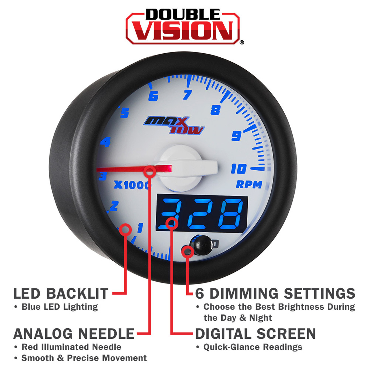 GlowShift  MaxTow White & Blue Double Vision™ Truck Tachometer RPM Gauge