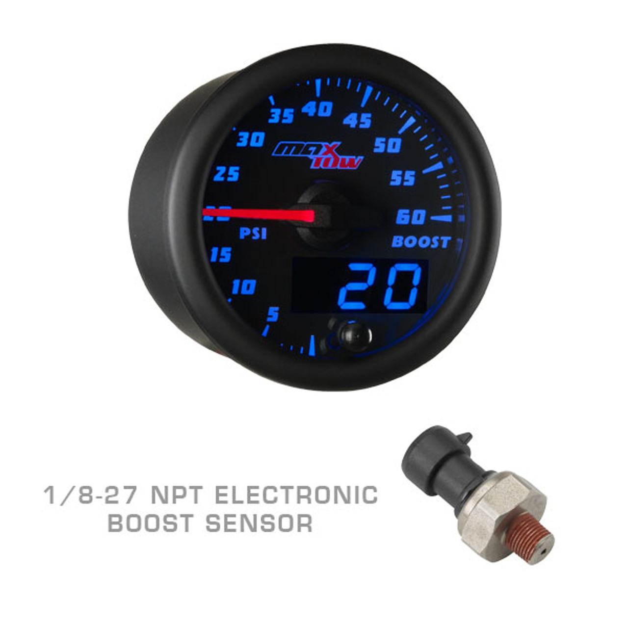 MaxTow  White & Blue Double Vision™ 35 PSI Truck Boost Gauge