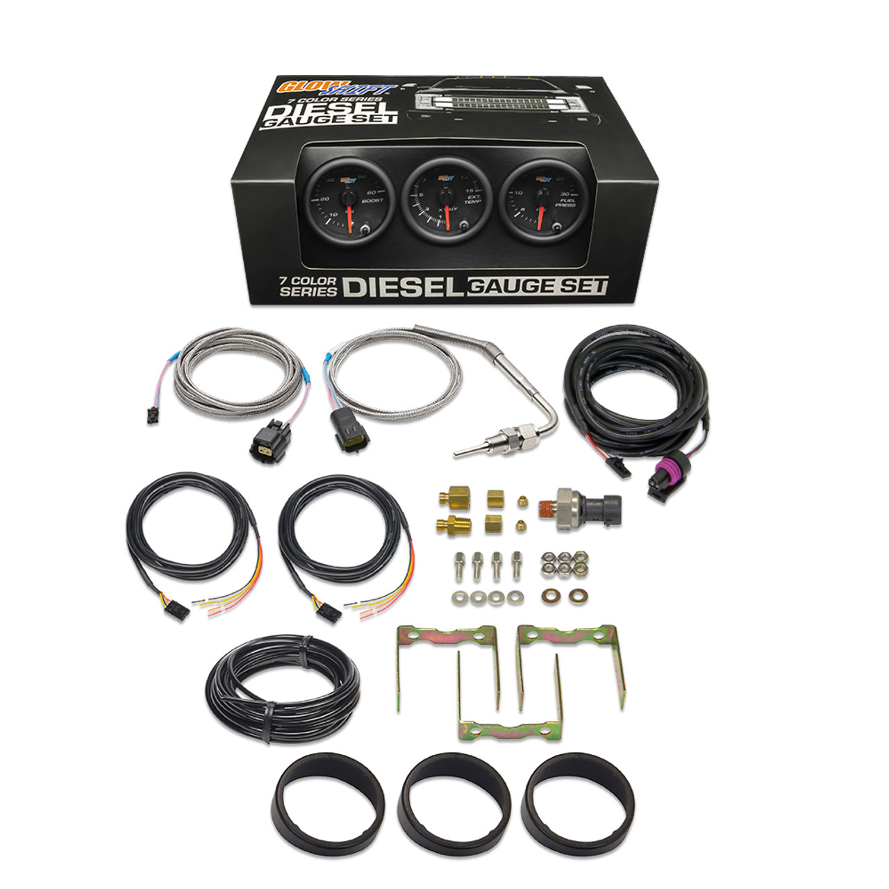 GlowShift Black Color Series Gauge Diesel Truck Set with Fuel Pressure