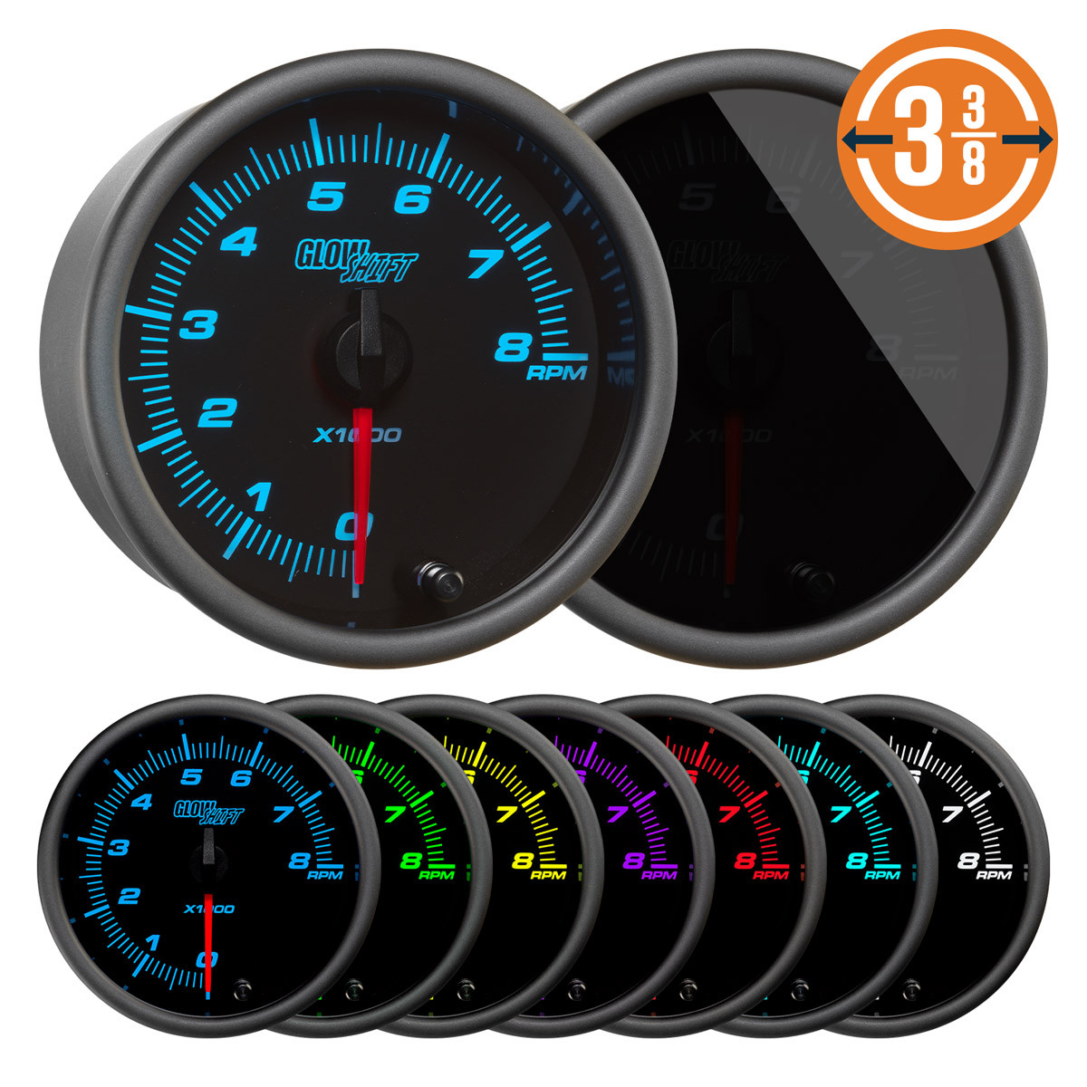 GlowShift | Tinted 7 Color 3-3/8” (85mm) 8,000 RPM In Dash Tachometer