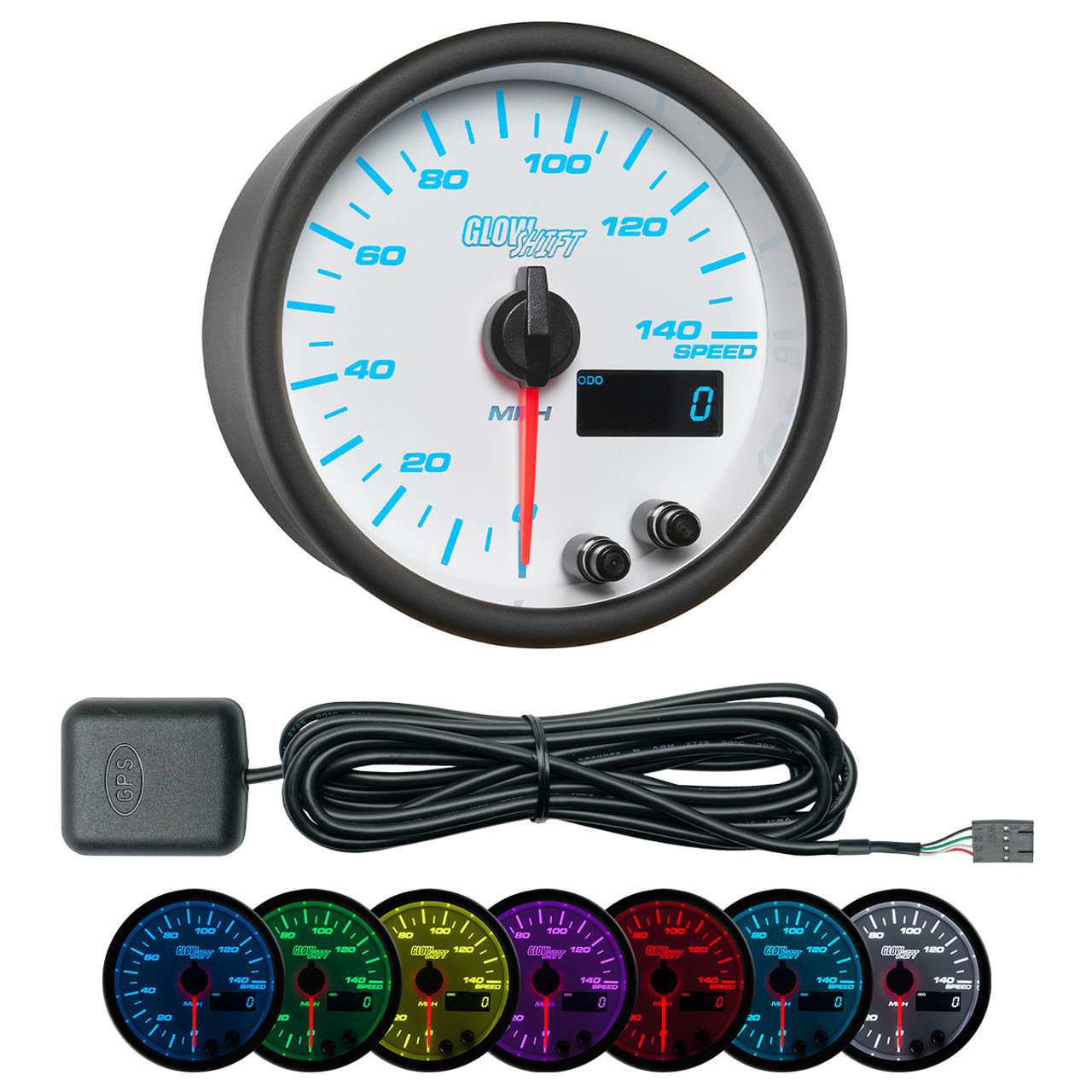 GlowShift | White 7 Color Series 140 MPH GPS Speedometer and