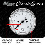 Classic White Series 3-3/8" In-Dash Tachometer Gauge Features