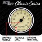 Classic Antique White Series 100 PSI Fuel Pressure Gauge Features