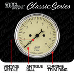 Classic Antique White Series 3-3/8" In-Dash Tachometer Gauge Features