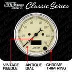 Classic Antique White Series 3-3/8" In-Dash Speedometer Gauge Features