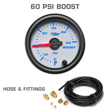 White 7 Color 60 PSI Boost Gauge with 1/8-27 NPT Compression Fittings & 9' of Nylon Boost Hose