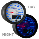 White & Blue MaxTow 100 PSI Fuel Pressure Gauge Day/Night View