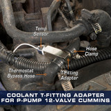 Coolant Sensor T-Fitting Adapter Installed to a P-Pump 12-Valve Cummins