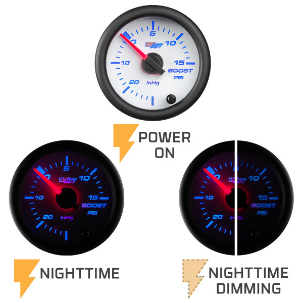 White 7 Color Gauge On, Nighttime View & Nighttime Dimming