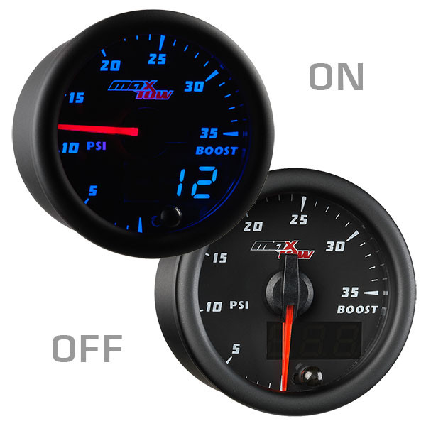 Black & Blue MaxTow 35 PSI Boost Gauge On/Off View