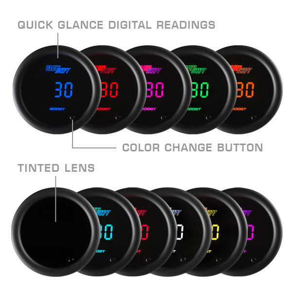 Included Colors with 10 Color Digital Gauge Series - Blue, Green, Red, Yellow, White, Teal, Purple, Pink, Orange, and Amber