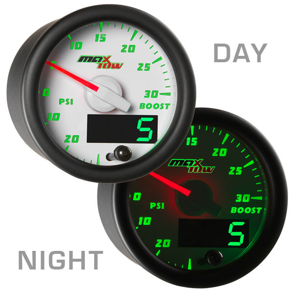 White & Green MaxTow 30 PSI Boost/Vacuum Gauge Day/Night View