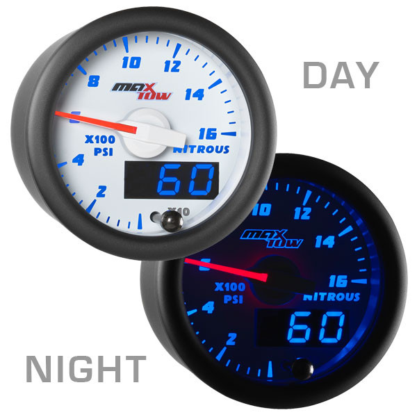 White & Blue MaxTow Nitrous Pressure Gauge Day/Night View