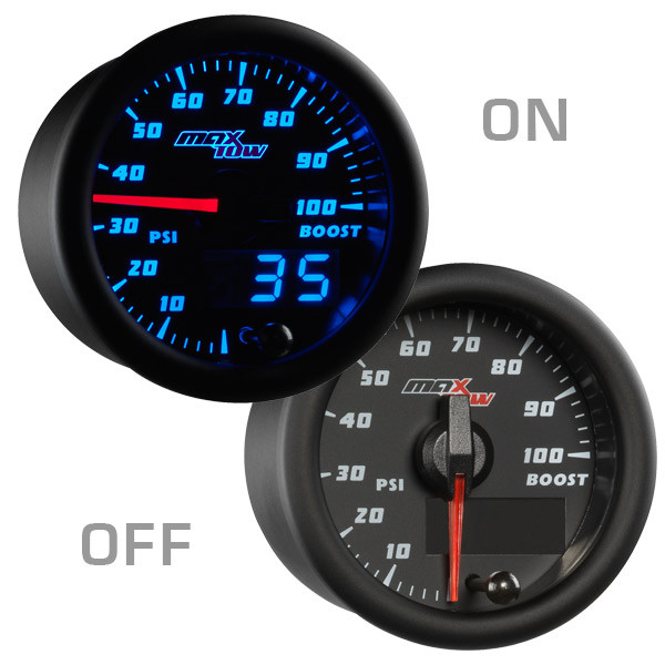 Black & Blue MaxTow 100 PSI Boost Gauge On/Off View