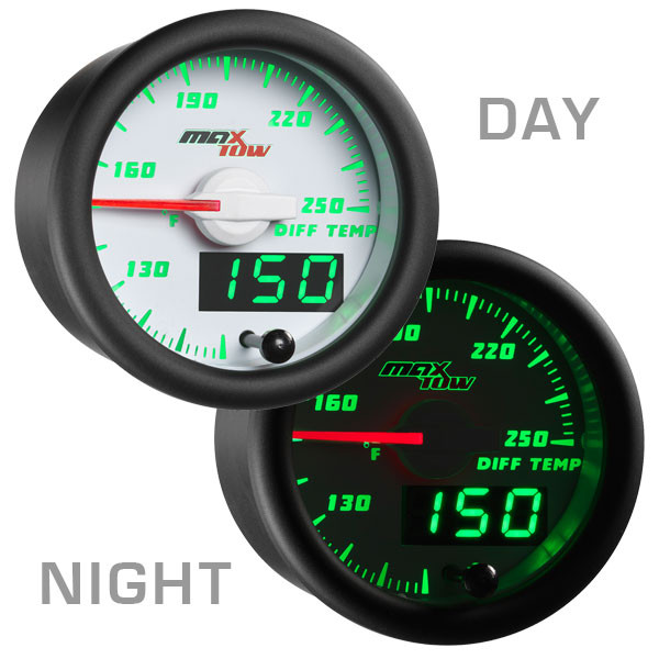 52mm MAXTOW DOUBLE VISION DIESEL TRANSMISSION TEMP GAUGE- GREEN DIGITAL + ANALOG