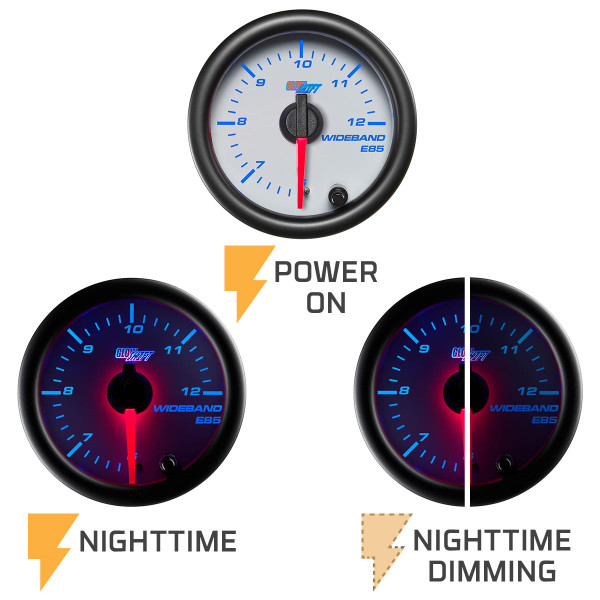 White 7 Color Gauge On, Nighttime View & Nighttime Dimming