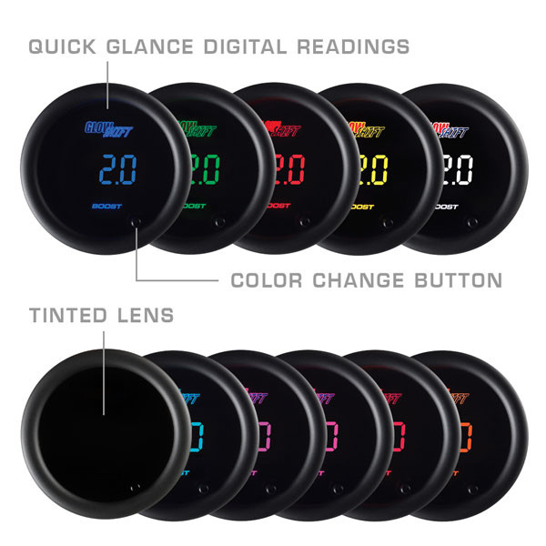 Included Colors with 10 Color Digital Gauge Series - Blue, Green, Red, Yellow, White, Teal, Purple, Pink, Orange, and Amber