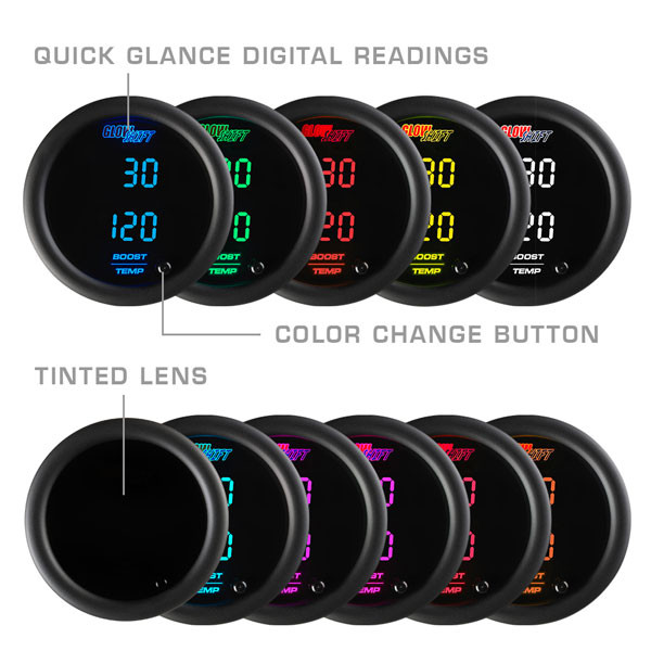 Included Colors with 10 Color Digital Gauge Series - Blue, Green, Red, Yellow, White, Teal, Purple, Pink, Orange, and Amber