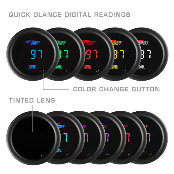 Included Colors with 10 Color Digital Gauge Series - Blue, Green, Red, Yellow, White, Teal, Purple, Pink, Orange, and Amber