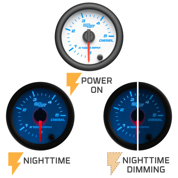 White 7 Color Gauge On, Nighttime View & Nighttime Dimming