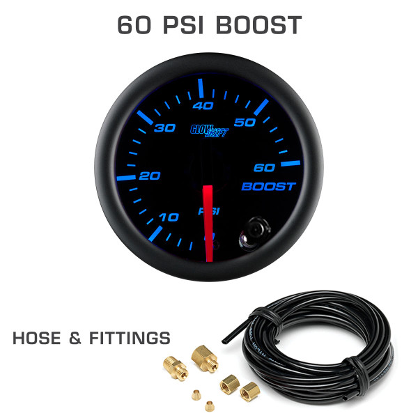 Black 7 Color 60 PSI Boost Gauge with 1/8-27 NPT Compression Fittings & 9' of Nylon Boost Hose