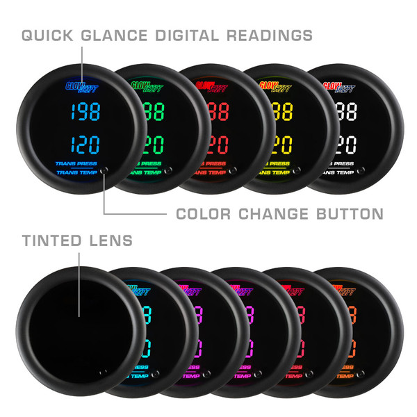 Included Colors with 10 Color Digital Gauge Series - Blue, Green, Red, Yellow, White, Teal, Purple, Pink, Orange, and Amber