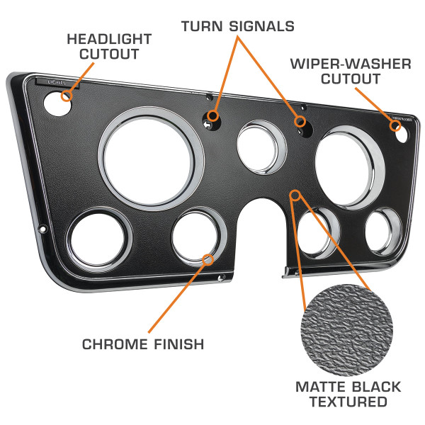 Cluster Dash Panel with Headlight Switch Cutout, Wiper Washer Switch Cutout, Turn Signals, Chrome Finish & Matte Black Textured Design