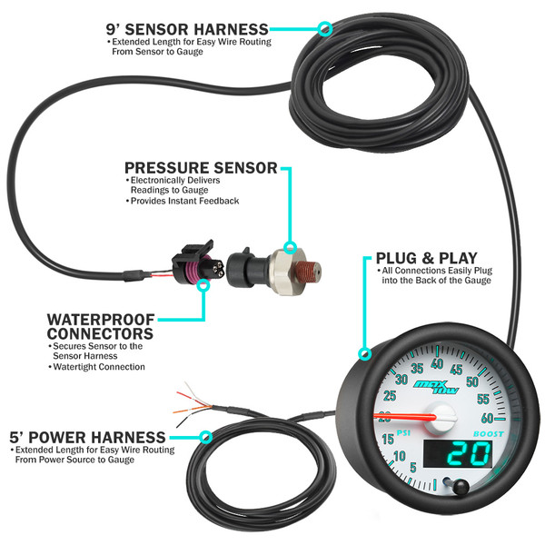 MaxTow Match 3rd Gen Cummins 60 PSI Boost Gauge Parts & Wiring Included